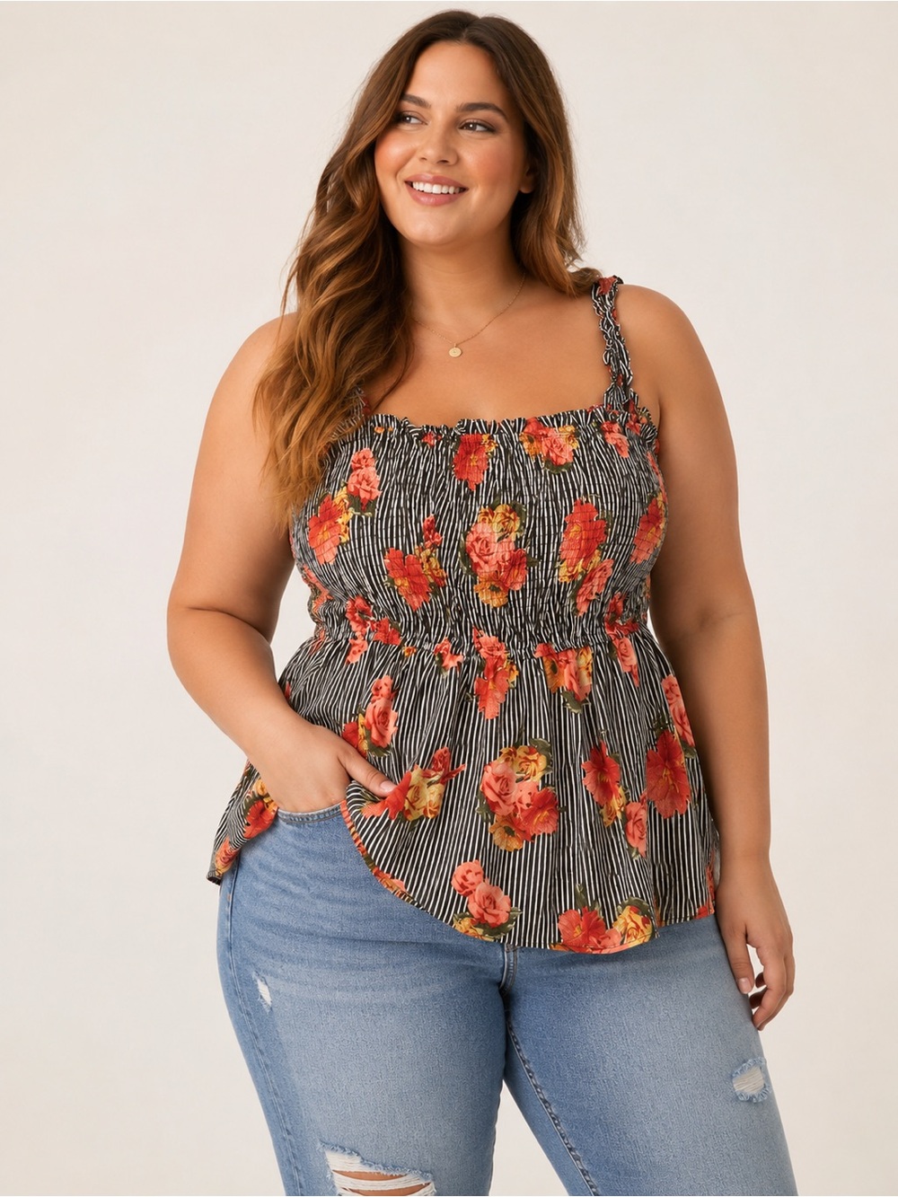New Glory Floral Smocked Tank Top 2X Striped Boho Cami